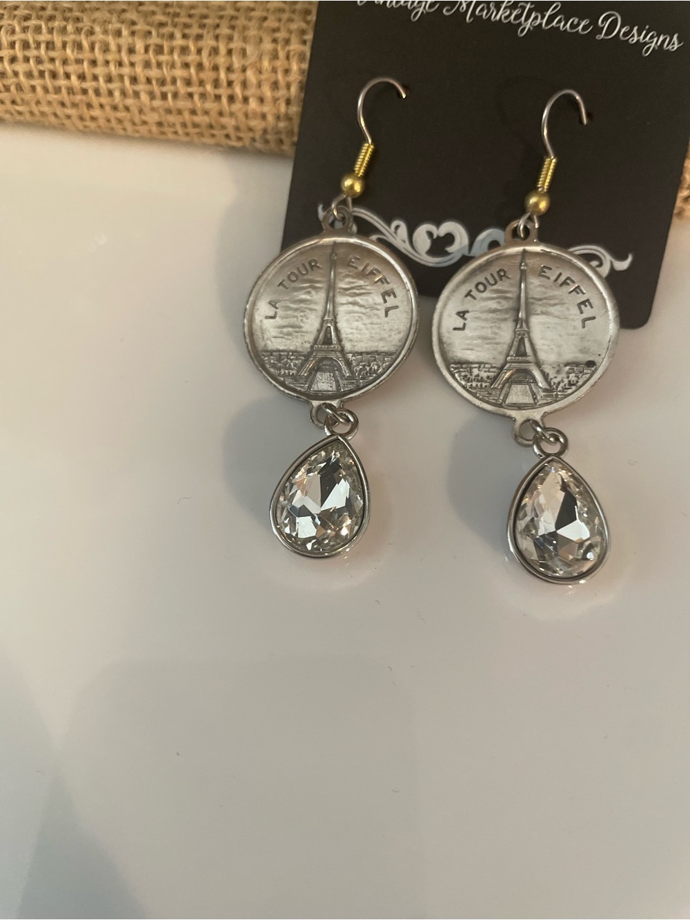 Eiffel Tower Silver Drop Earrings with Clear Teardrop Crystal
